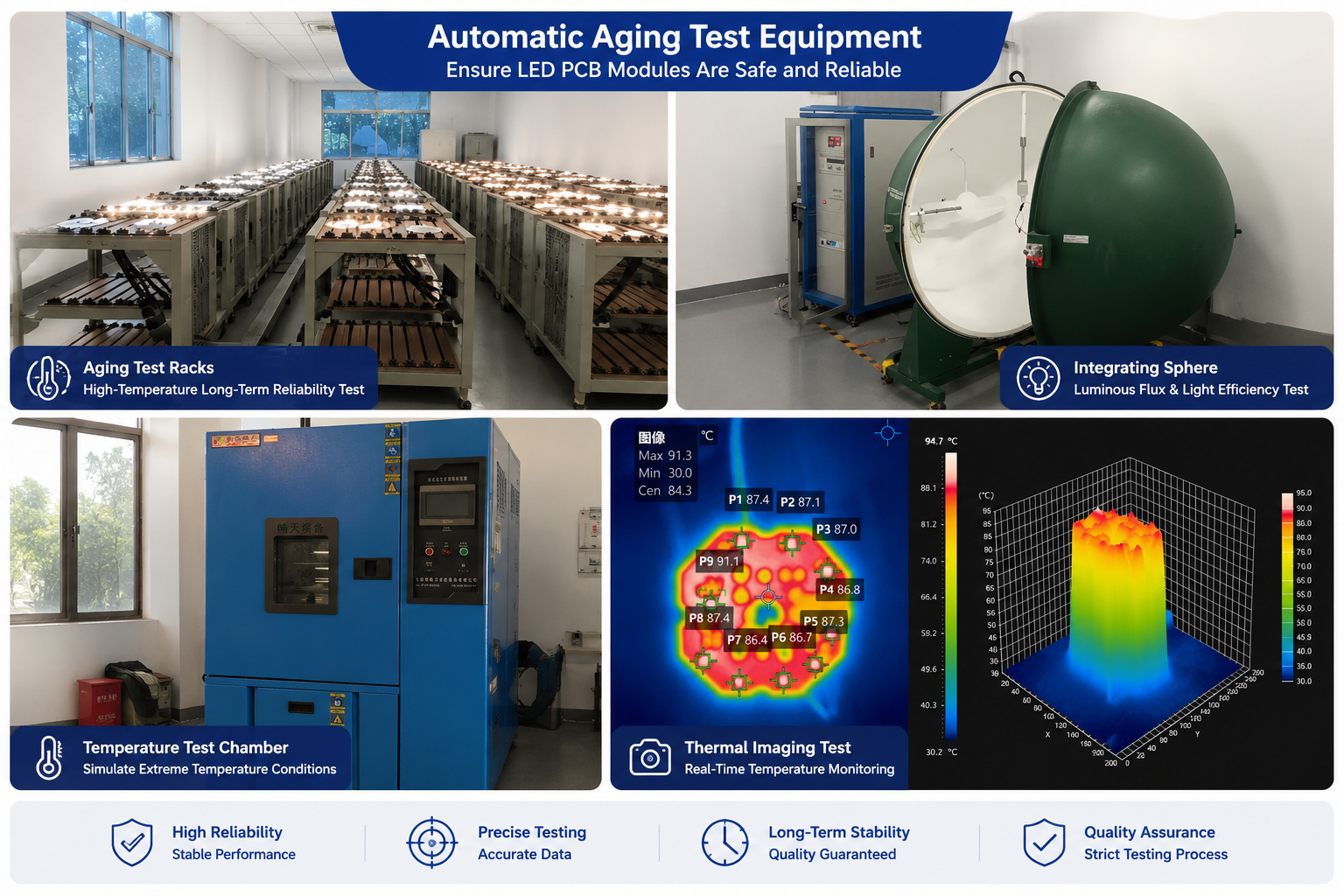LED module testing laboratory including integrating sphere, thermal imaging and aging test