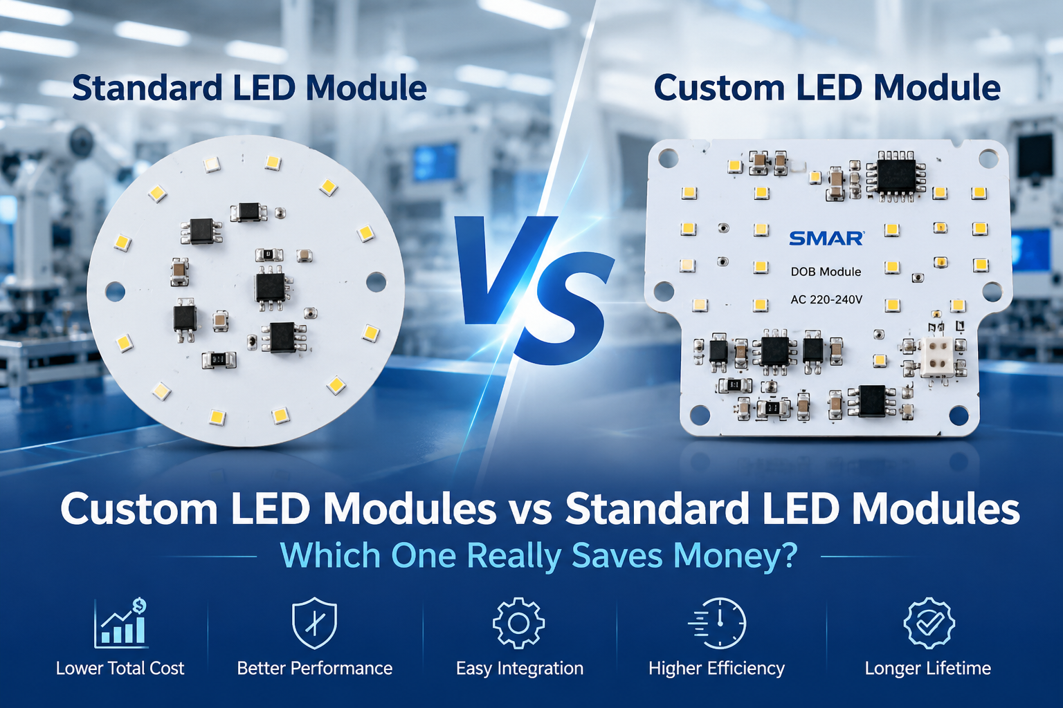 Comparison of custom LED modules vs standard LED modules showing how custom LED module design improves performance, reliability, and total project cost for lighting manufacturers