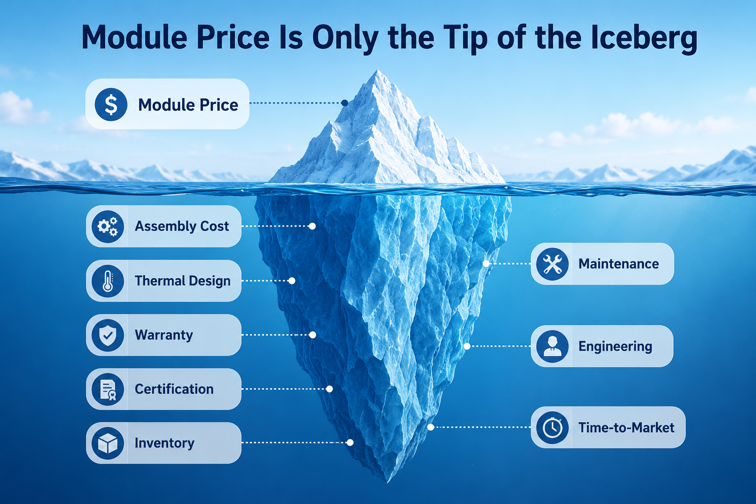 Iceberg infographic showing that LED module price is only a small part of the total project cost, comparing hidden costs such as assembly, thermal design, engineering, warranty, certification, inventory, maintenance, and time-to-market for custom LED modules and standard LED modules