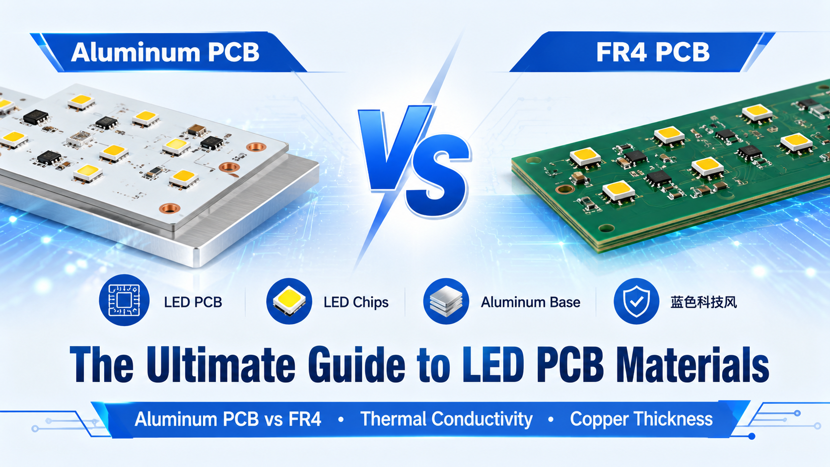 Comparison of Aluminum PCB vs FR4 PCB for LED lighting applications, showing differences in thermal conductivity, copper thickness, and PCB material selection.