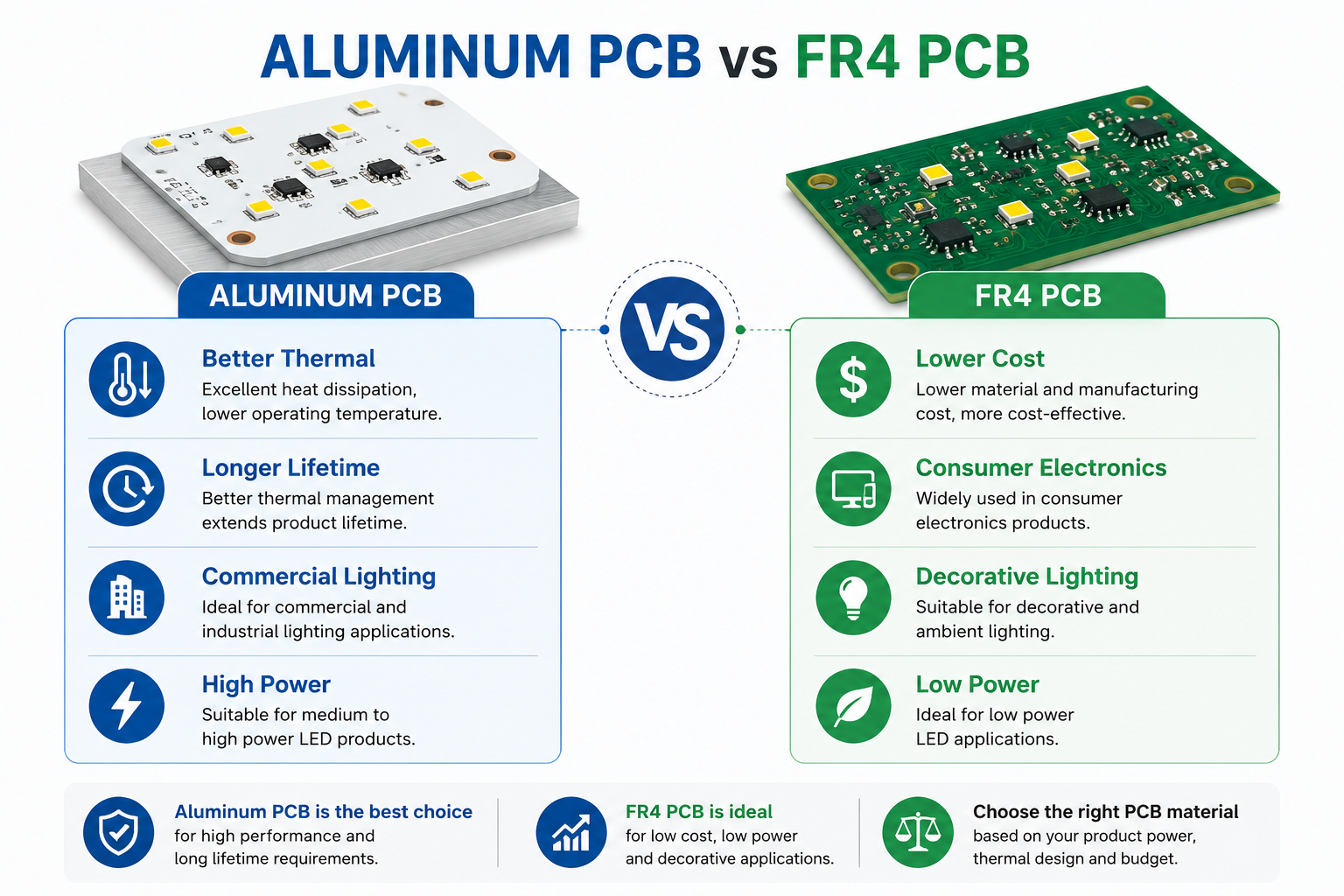 Comparison of Aluminum PCB vs FR4 PCB for LED lighting, highlighting differences in thermal performance, lifetime, cost, and application suitability.