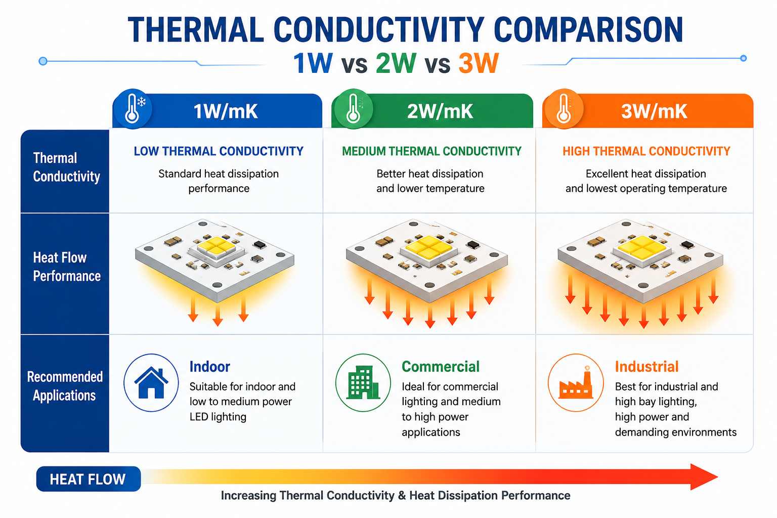 Comparison of 1W/mK, 2W/mK, and 3W/mK aluminum PCB thermal conductivity for selecting LED PCB materials in different lighting applications